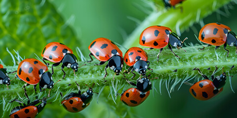 A red and black ladybug sits on a piece of wood
