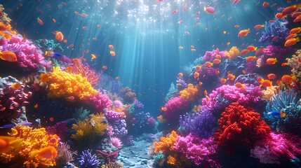 A vibrant coral reef teems with life, including fish and a sun beam shining down.