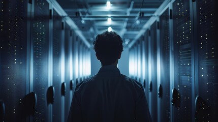 The image shows a man standing in a dark room