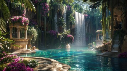 A mesmerizing tropical paradise with a cascading waterfall, lush vegetation, and serene pool surrounded by vibrant flowers and ancient architecture.