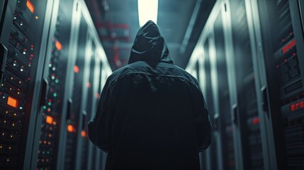 The photo shows a person in a dark hoodie standing in a server room - Powered by Adobe