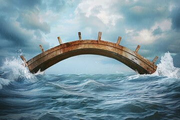 Fototapeta premium Conflict Resolution Bridge: Conceptual Artwork Depicting Agreement and Harmony over Turbulent Waters - Ideal for Design, Posters, and Symbolic Illustrations