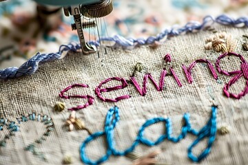 Closeup Photo of a Sewing Machine Sewing Fabric Celebrating Sewing Machine Day
