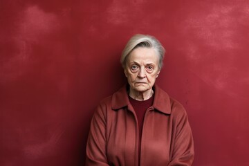 Maroon background sad European white Woman grandmother realistic person portrait of young beautiful bad mood expression Woman Isolated 