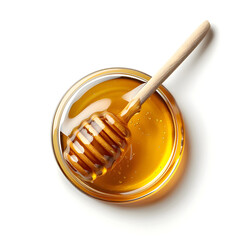 Wooden dipper stick with honey top view isolated on white background