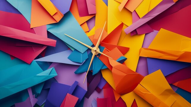 Close-up of a decorative clock with a dynamic explosion of paper in bright, saturated colors, emphasizing a lively and playful design.