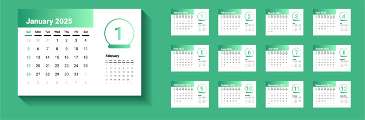 Template of Desk calendar 2025 with green gradient as main color. Calendar 2025 with Sunday as weekend and week start on Sunday. Calender 2025 with A5 size. calendar with landscape design.