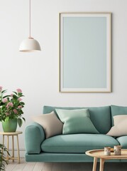 An empty picture frame, above a blue sofa, a cozy living room interior with flowers on the table, minimalism.