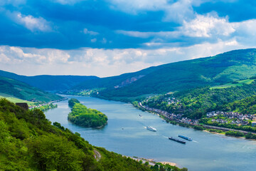 View from a hiking trail in the Rheingau Mountains near Lorch down into the Rhine Valley on a sunny spring day