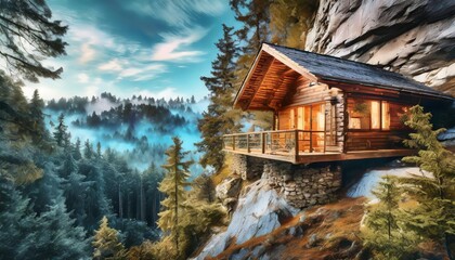 A rustic cabin built into the side of a cliff, surrounded by a vibrant natural forest and a clear...
