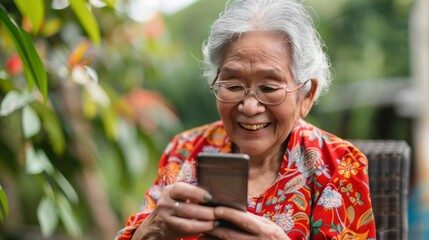 grandmother smiling with a cell phone with blurred background