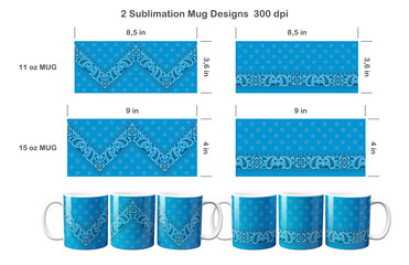 2  paisley bandana patterns. Sublimation templates for 11 oz and 15 oz coffee mug. Sublimation illustration.