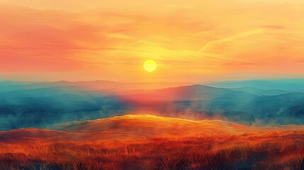 Fototapeta premium Sunset on Moorland flat design side view golden hour theme water color Triadic Color Scheme