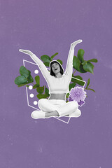 Composite trend artwork image photo collage of purple color backdrop line plant green leaves spring...