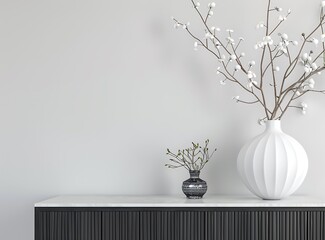 White ceramic vase, black wooden sideboard and silver metal decoration on a white wall background