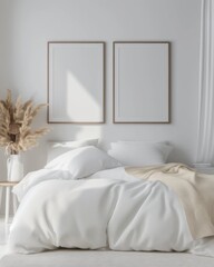 Two empty mockup paintings hang in the bedroom, against the background of a bed with white linens. Minimal interior.