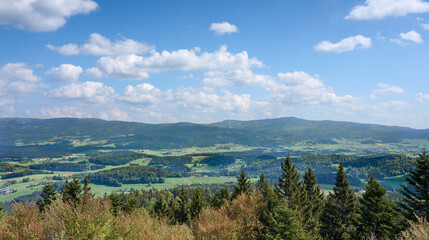 landscape with panoramic view over the Bavarian Forest mountains near Waldkirchen, with Dreisessel mountain in Background, Bavaria, Germany