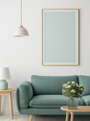 An empty picture frame, above a blue sofa, a cozy living room interior with flowers on the table, minimalism.
