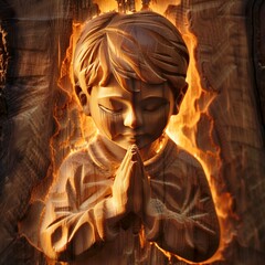 Boy praying, carved in wood.