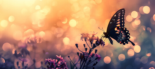 a close-up image of a butterfly perched on a flower, its wings spread in silhouette against the vibrant blooms and a dreamy, bokeh-filled background, Silhouette, Butterflies, flowe