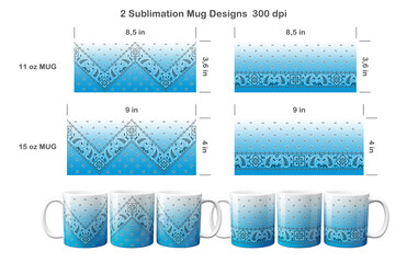 2 ombre paisley bandana patterns. Sublimation templates for 11 oz and 15 oz coffee mug. Sublimation illustration.