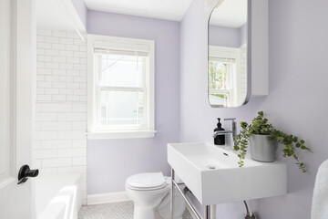 A bathroom with a shower pedestial sink, purple walls, and a shower with subway tiles.