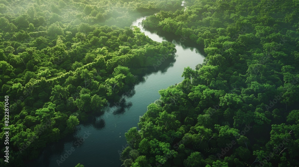 Poster a lush forest with a winding river reflecting the potential for blockchain to facilitate more effici