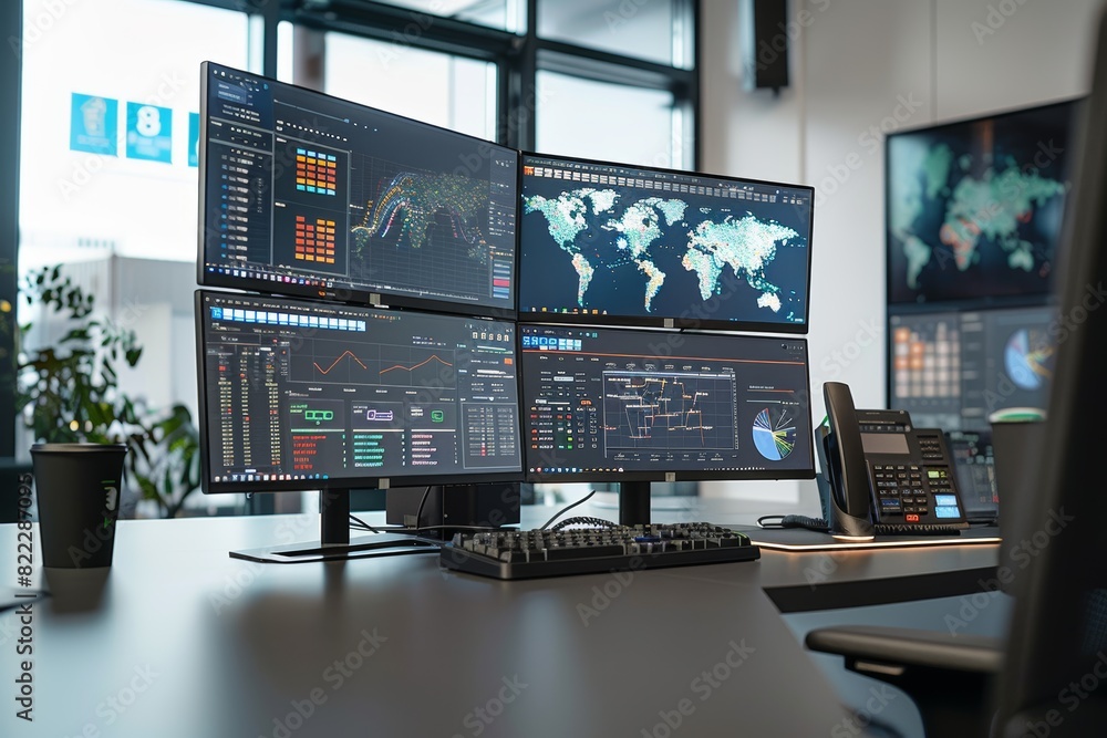 Aufkleber logistics manager's desktop with real-time global shipping data and analytics in a modern high-tech 