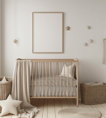 White empty picture frame, above the crib, The interior of the children's room in beige tones, minimalism.