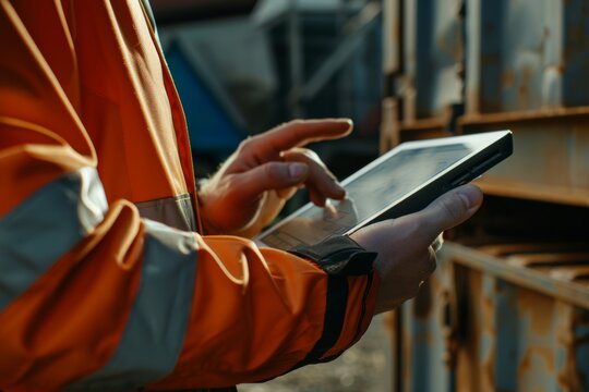 Logistic Worker Operating Rugged Tablet for Inventory Tracking in Outdoor Industrial Yard - Technology Assisting Manual Work