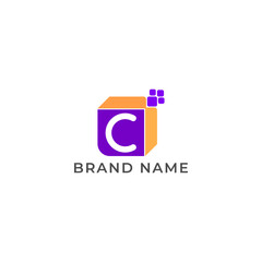 ILLUSTRATION LETTER C WITH QUBE PIXEL GRADIENT PURPLE ORANGE COLOR TECH LOGO ICON TEMPLATE DESIGN VECTOR