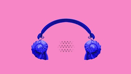 Creative image of headphones with seashells on pink background. Stop motion, animation. Summer vibe, music streaming services, meditation. Concept of surrealism, pop art, creativity, imagination.