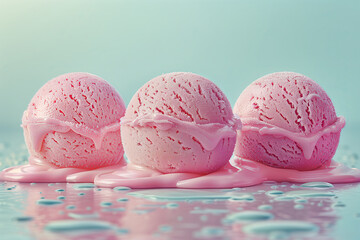 Pastel pink ice cream scoops and cones border on pastel blue background