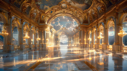 a vast, ornate hall with marble floors and gold accents in the castle