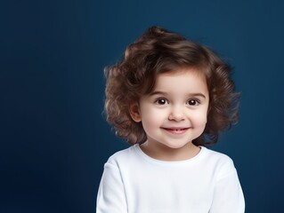 Navy background Happy european white child realistic person portrait of young beautiful Smiling child Isolated on Background Banner with copyspace blank 