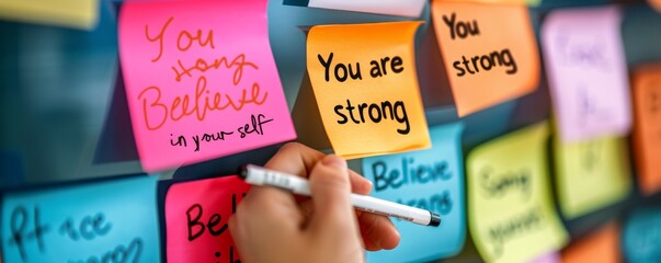 Empowering Affirmations - Handwriting Positive Messages on Colorful Sticky Notes for Self-Confidence and Encouragement