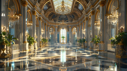 Fototapeta premium a vast, ornate hall with marble floors and gold accents in the castle