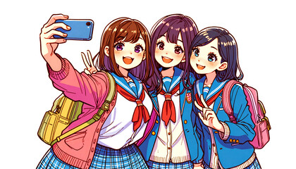 Three Japanese high school girls taking a selfie