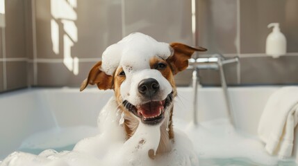 Cheerful Dog Relaxing in Bubble Bath in Bright Modern Bathroom