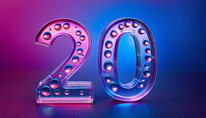 Abstract number twenty, futuristic glossy 20 symbol, water droplets, blue background. 3D rendering