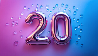Abstract number twenty, futuristic glossy 20 symbol, water droplets, blue background. 3D rendering