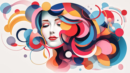 Vibrant abstract illustration of a woman's face surrounded by multicolored geometric shapes and swirling patterns, creating a dynamic visual.