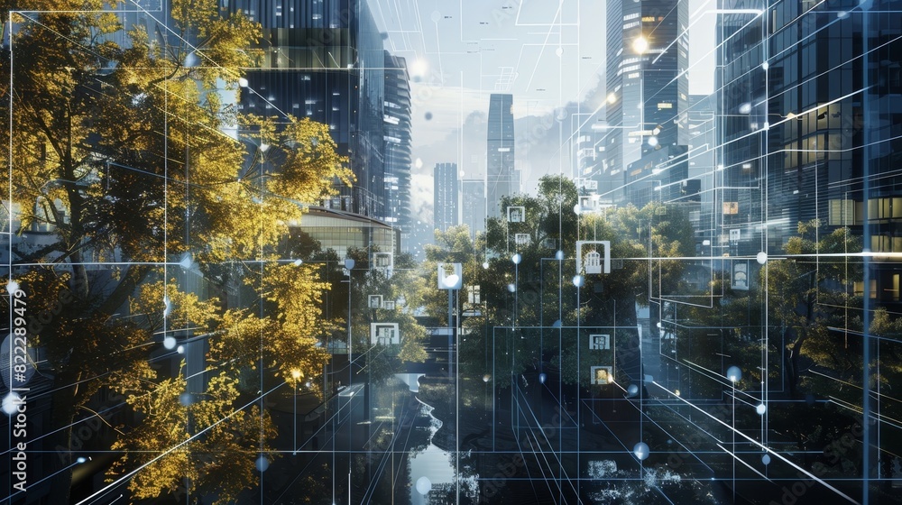 Aufkleber a virtual cityscape powered by blockchain demonstrating the digital transformation of the real estat