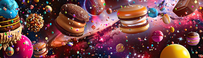 A digital collage of various chocolate desserts floating in a galaxy of stars and planets, Psychedelic, Bright colors, High detail - Powered by Adobe