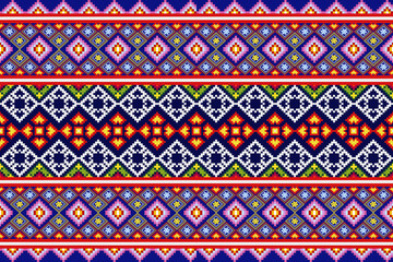 Pixel pattern ethnic oriental traditional. Design fabric pattern textile African, Aztec African America Indian seamless. Floral pixel art pattern on navy background  vector illustration