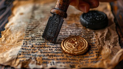 Close-up of an ancient manuscript with a seal stamp and wax seal. The script on the parchment is detailed and evokes historical nostalgia.
