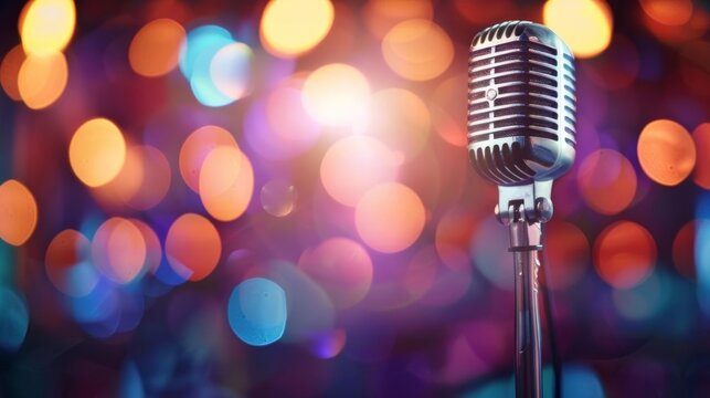 Vintage microphone on stage with colorful bokeh lights background, perfect for music, entertainment, and performance concepts.