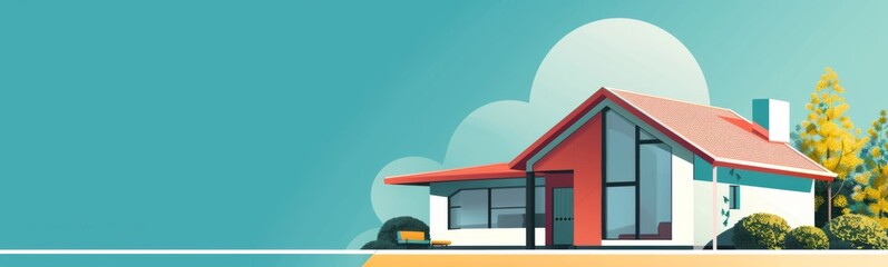 Illustration of a house with a red roof and a blue sky, real estate concept