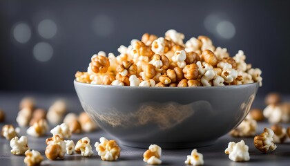 Homemade Caramel Popcorn in a gray Bowl, side view.
