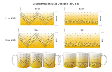 2 yellow ombre paisley bandana patterns. Sublimation templates for 11 oz and 15 oz coffee mug. Sublimation illustration.